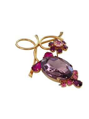 Vintage Gold-Tone Floral Brooch With Purple & Pink Rhinestones flowers VTG glass